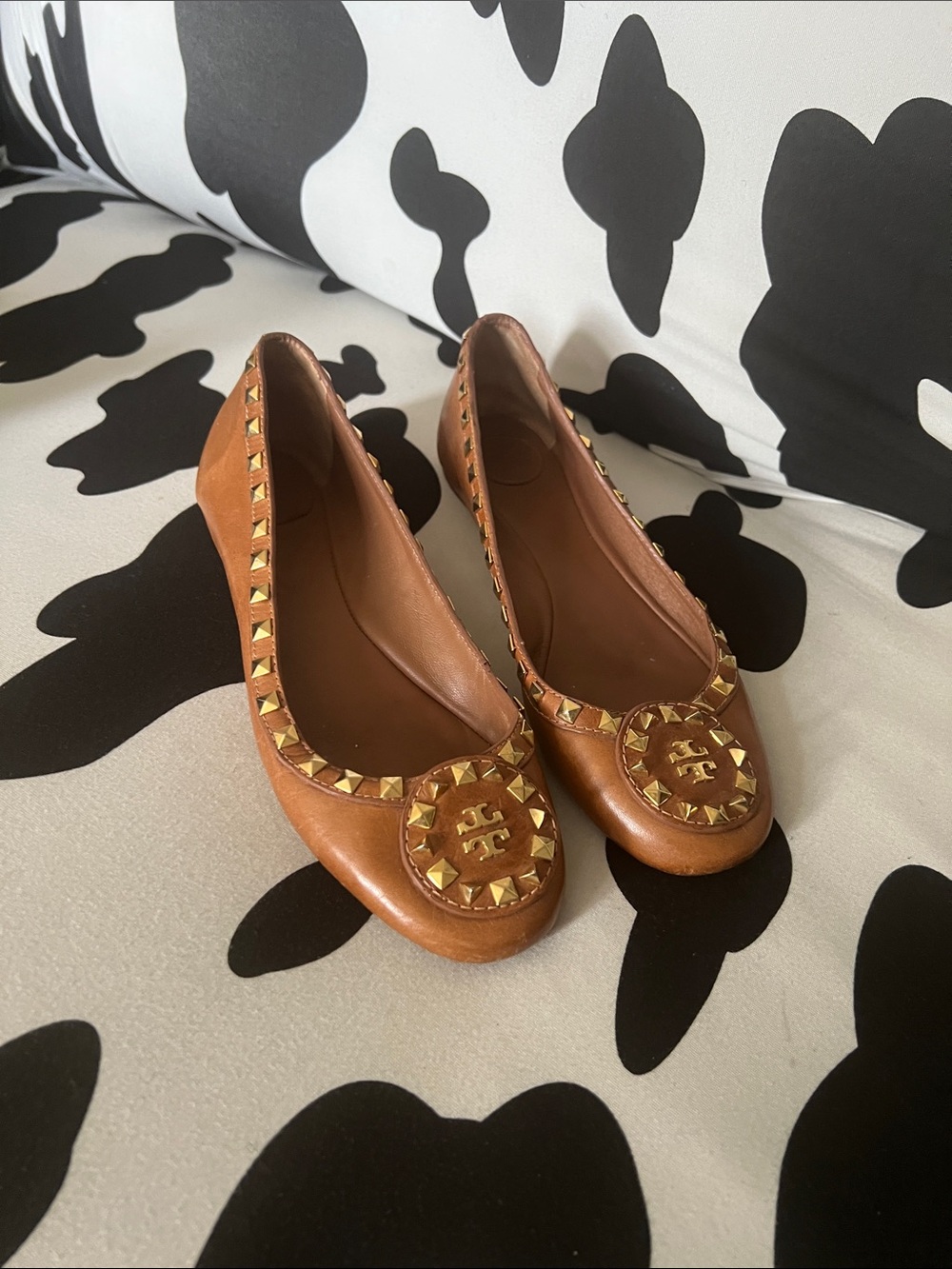 Tory Burch Tan Leather Studded Ballet Flats with Logo Medallion